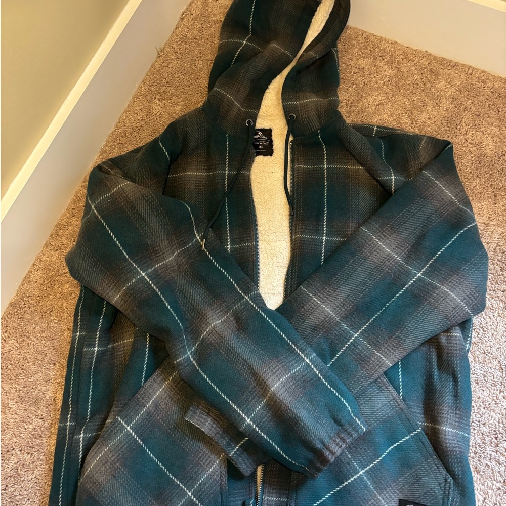 Rip Curl Men's Zip Up Plaid Sweater - Teal and Gray